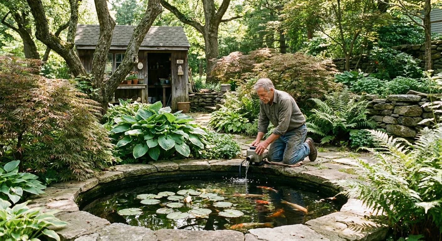 A backyard fishpond with a water pump surrounded by lush garden plants.