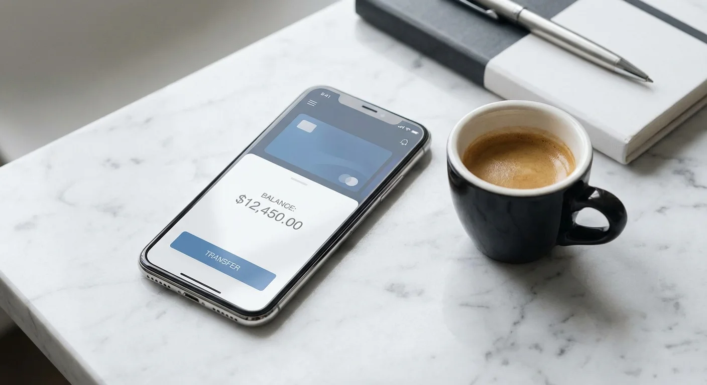 A banking app on a smartphone next to a coffee cup.