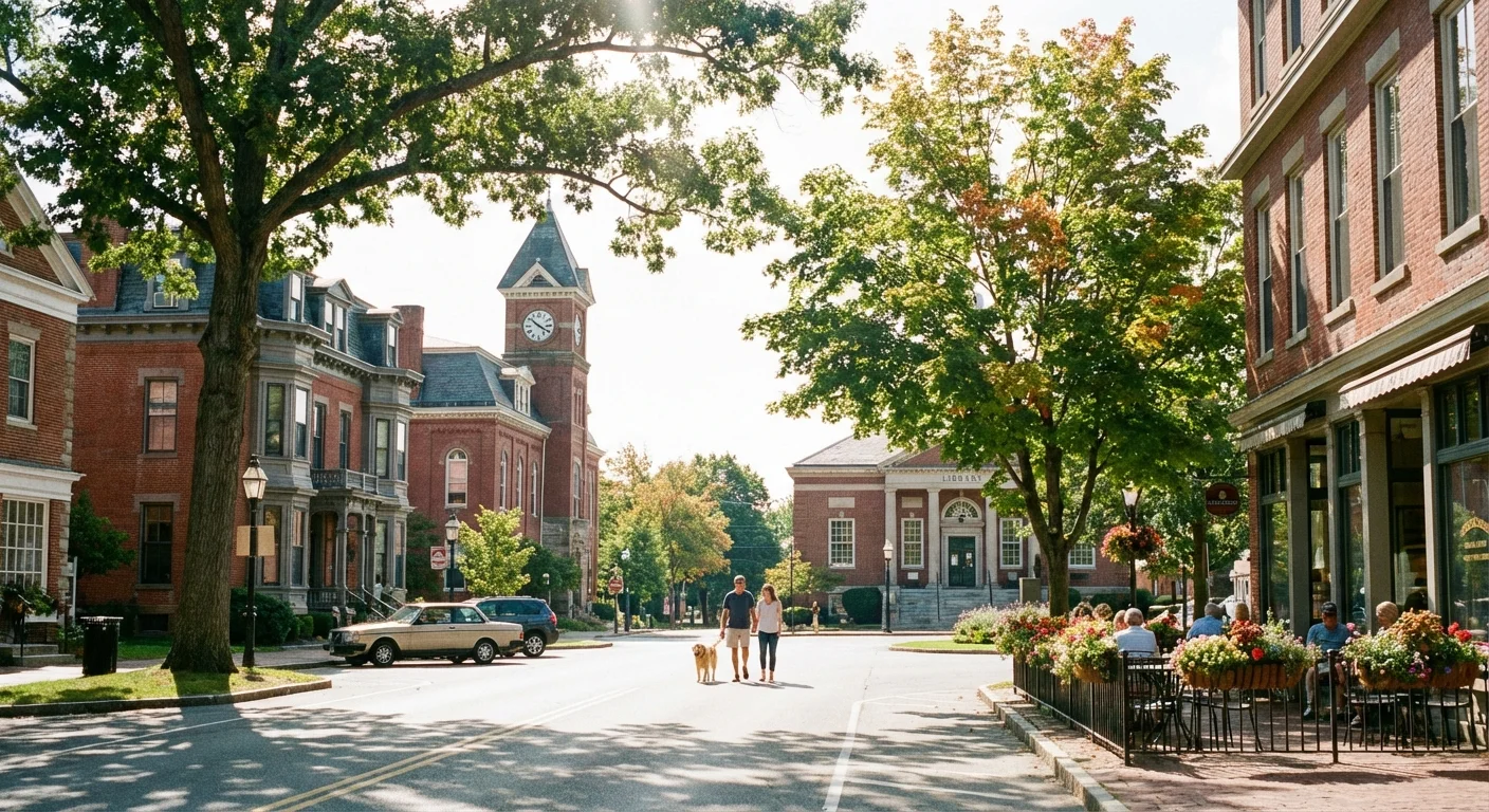 A beautiful and quiet town square with historic buildings and lush greenery under a blue sky.