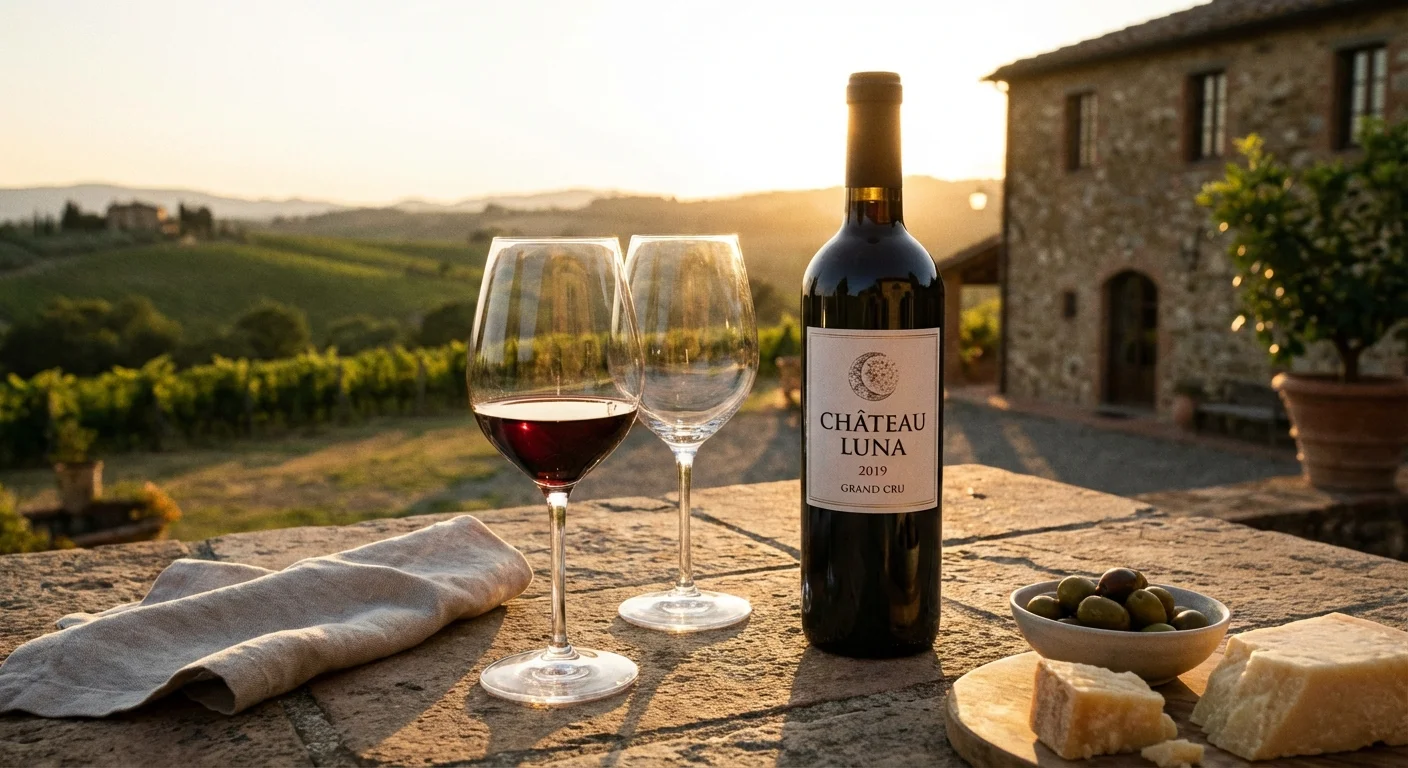 A bottle of wine and two glasses on a patio table at sunset.