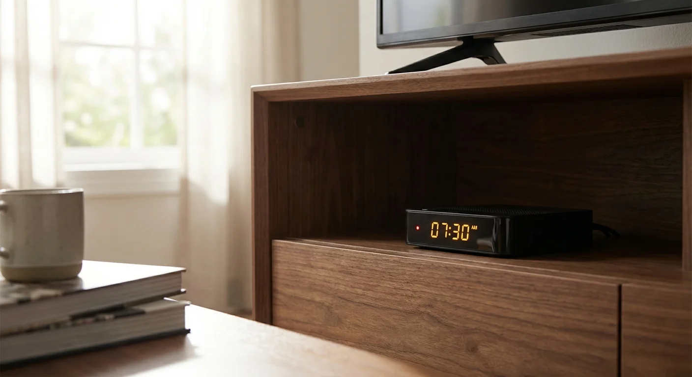 A cable set-top box sitting on a wooden TV stand in a bright living room.