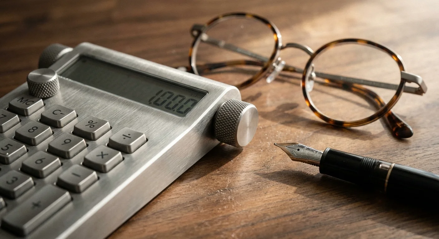 A calculator and glasses on a wooden table, representing careful tax and financial planning.