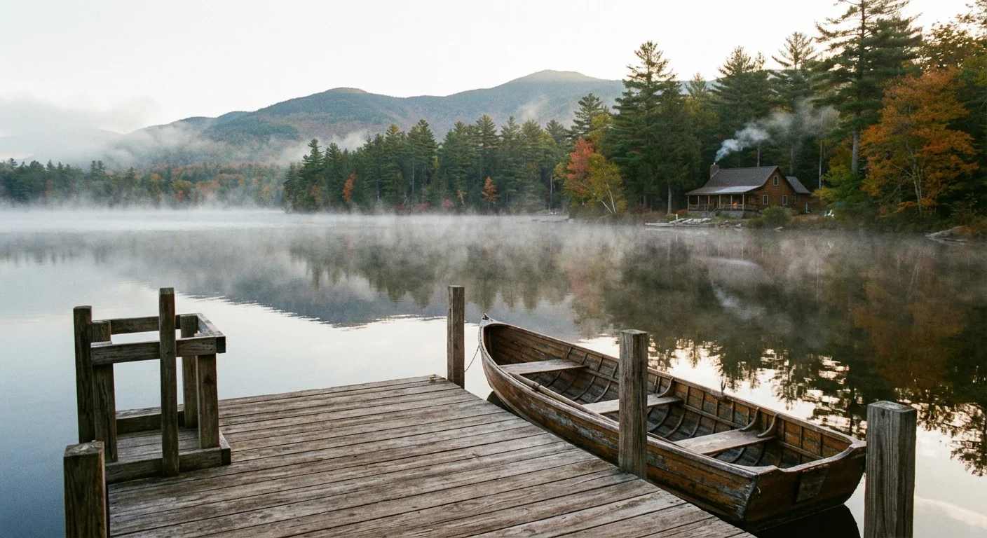 A calm lakefront with a wooden dock in New Hampshire.