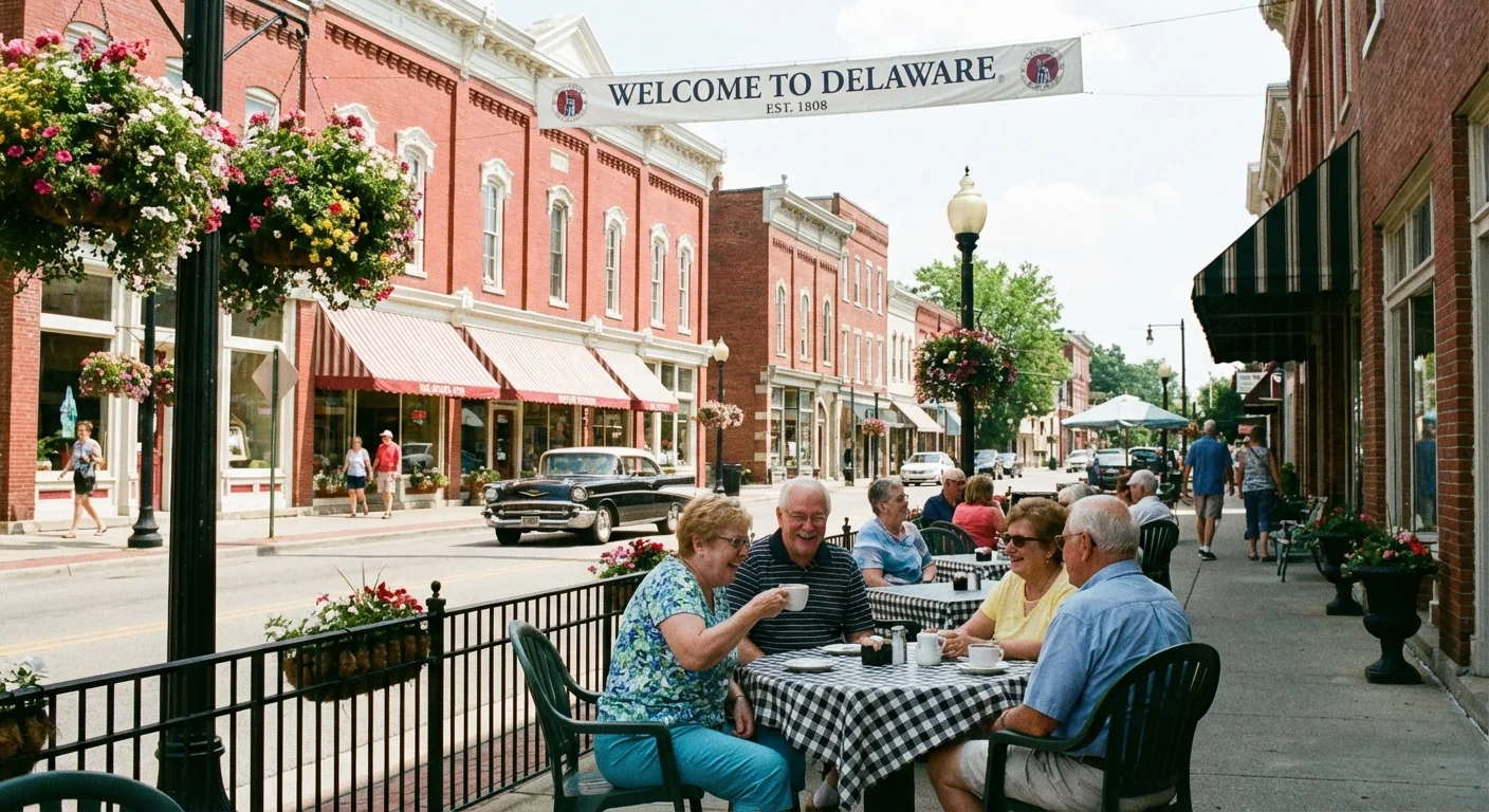 A charming brick-lined main street in Delaware, Ohio.