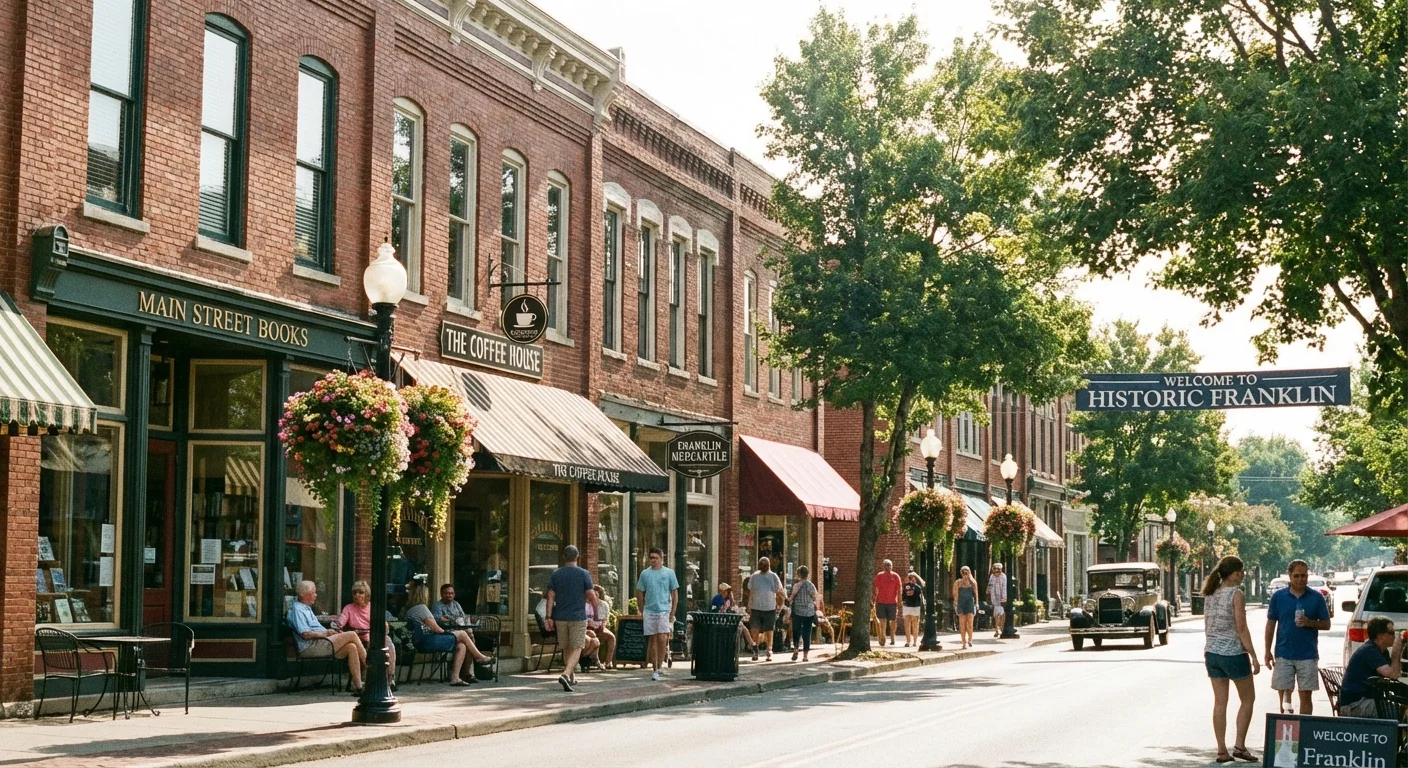 A charming brick storefront street in a sunny Tennessee town.