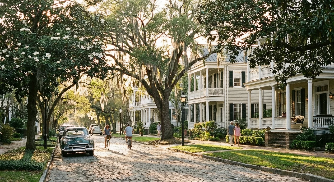 A charming historic street with blooming trees in the South.