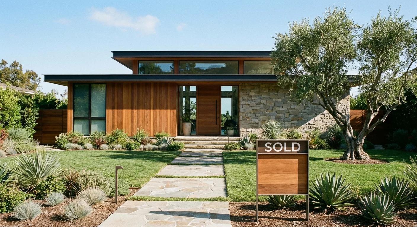 A charming, modern small house with a beautiful garden, suggesting a downsizing move.