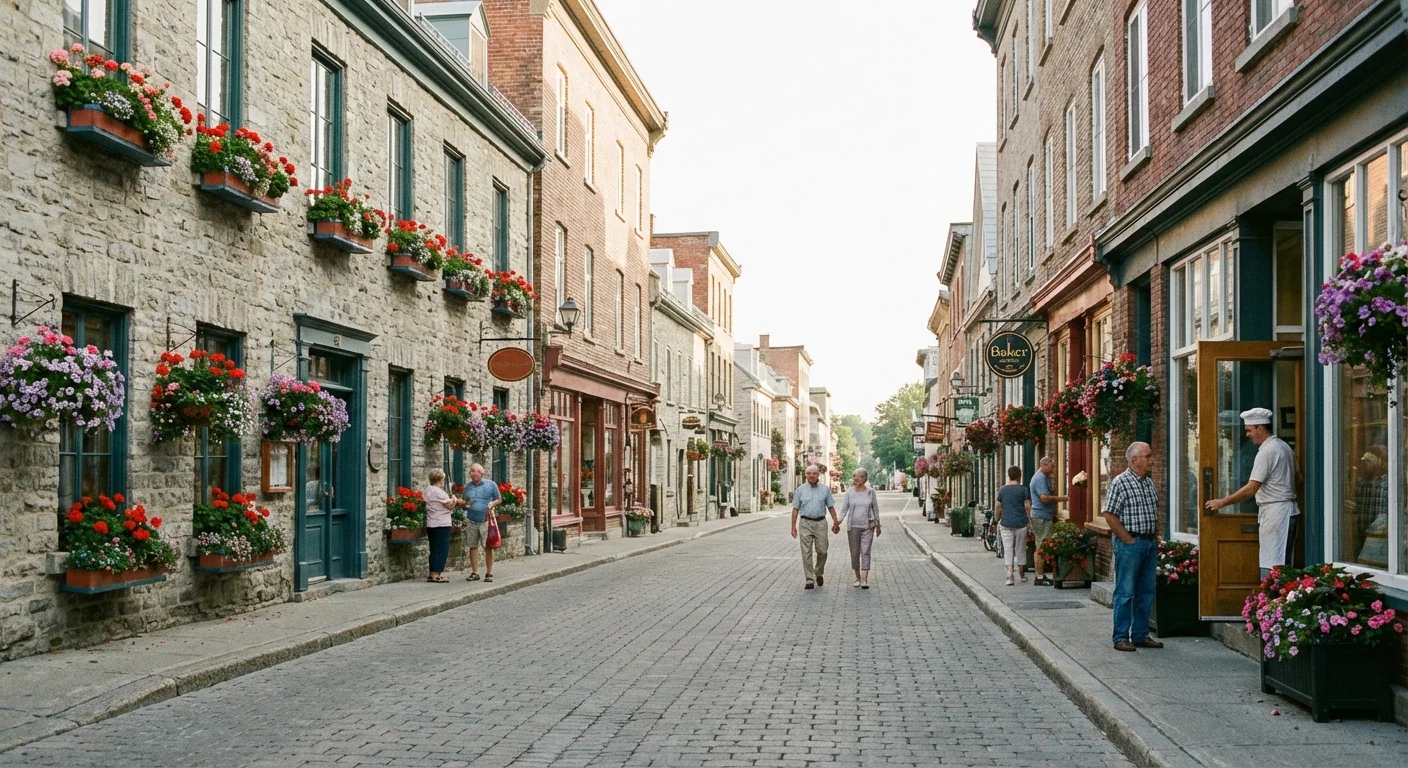 A charming, walkable small-town main street with flowers and historic buildings under a clear sky.