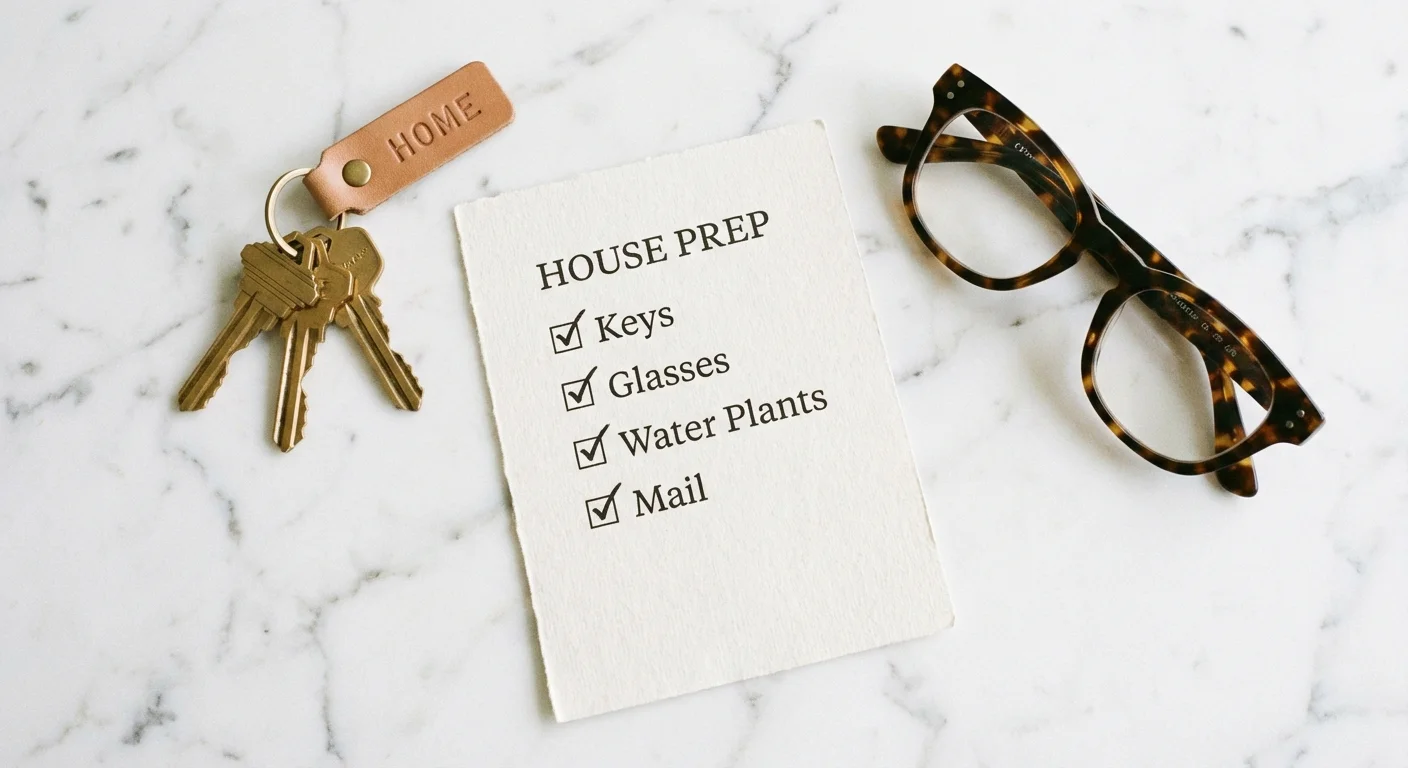 A checklist, house keys, and glasses on a marble counter.