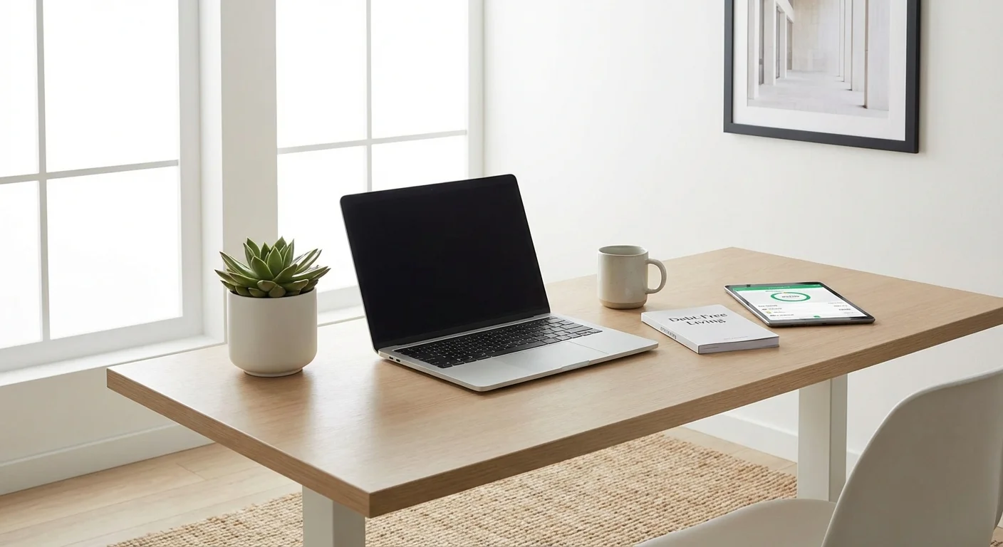 A clean and organized home office desk with a laptop and plant.