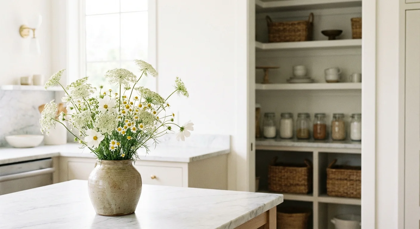A clean, minimalist kitchen counter with a vase of flowers, representing a clutter-free home.