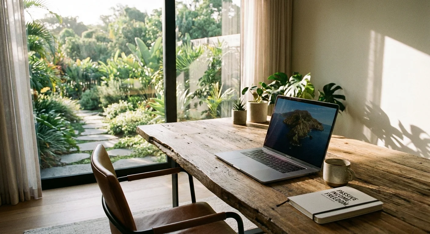 A clean, modern home office desk with a laptop and a view of a garden.