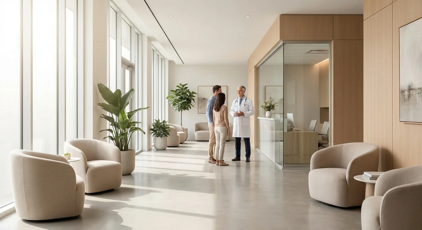 A clean, modern medical facility with a doctor and patients in a bright setting.