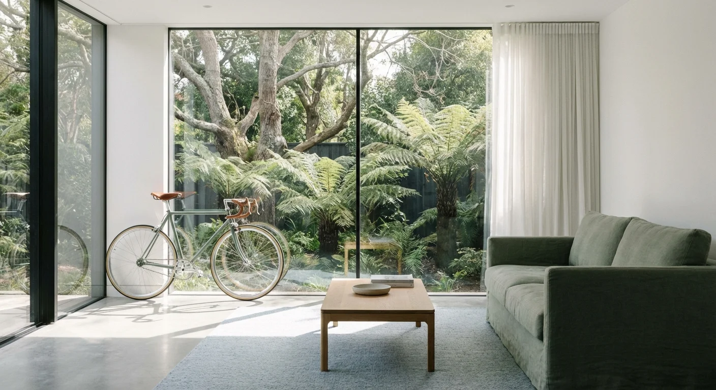 A clean, sunlit modern living room reflecting a simplified retired lifestyle.