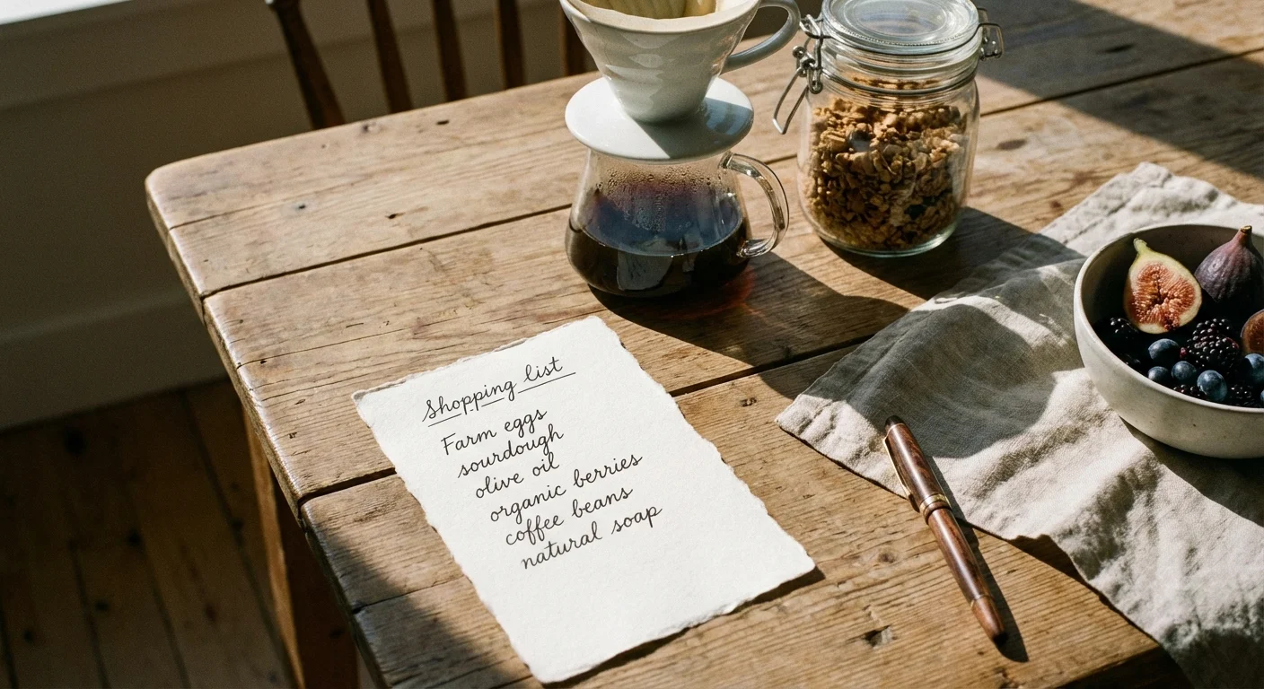 A clean table with a shopping list and high-quality household items.