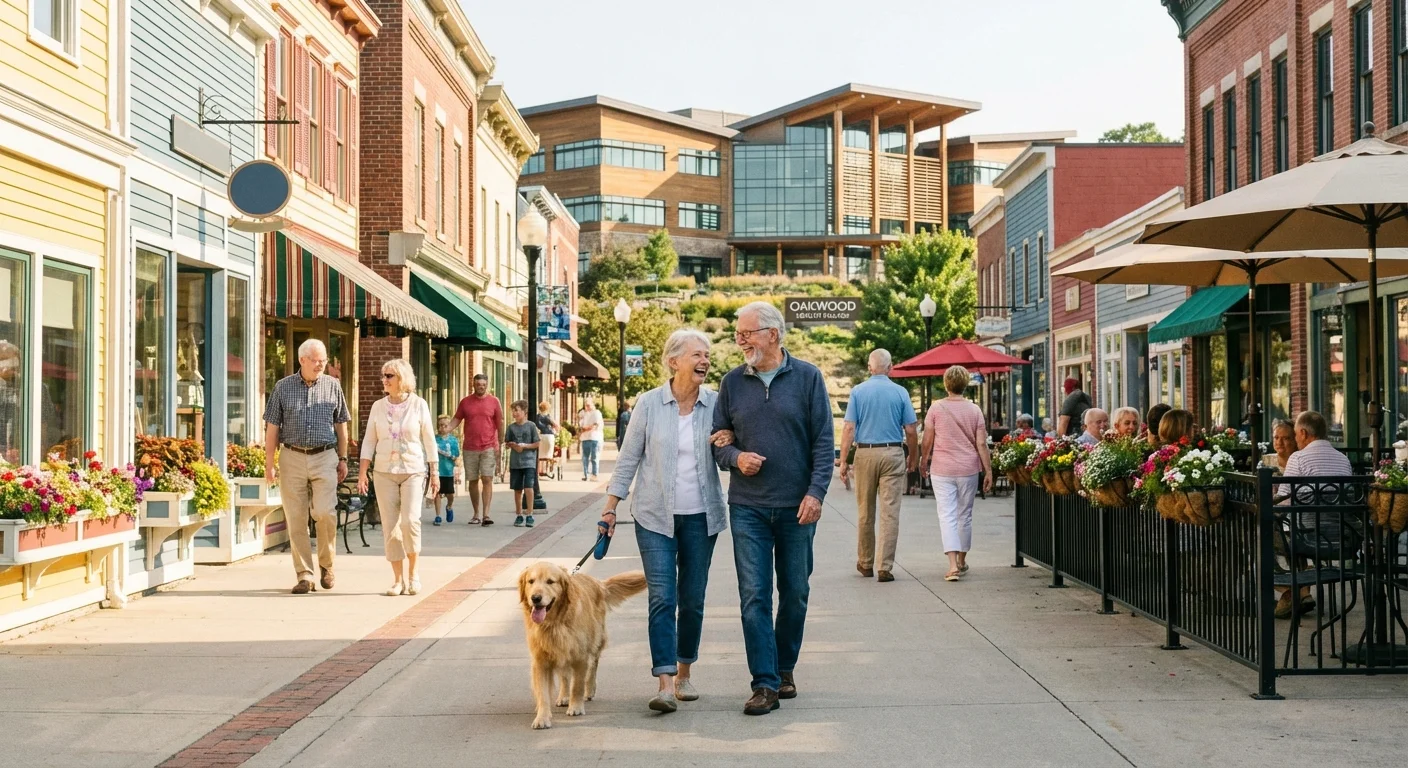 A clean, walkable small town street with a medical center in the background.