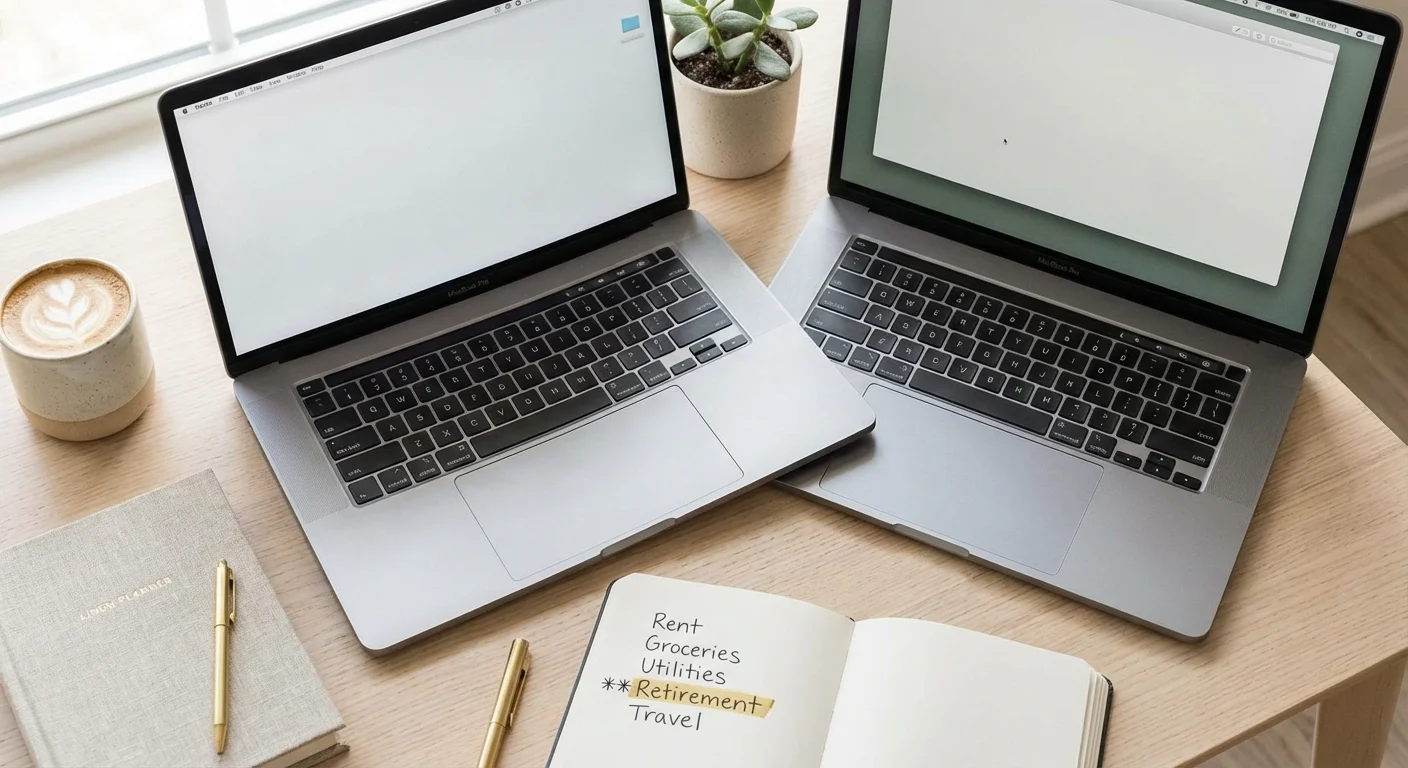 A clean workspace with a budget list highlighting retirement savings.