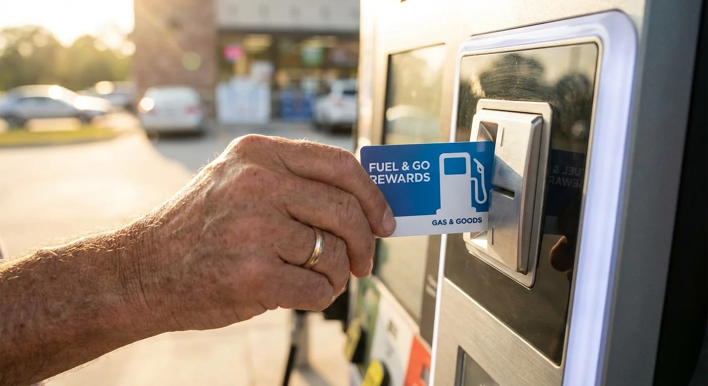 A close-up of a hand holding a gift card at a fuel pump.