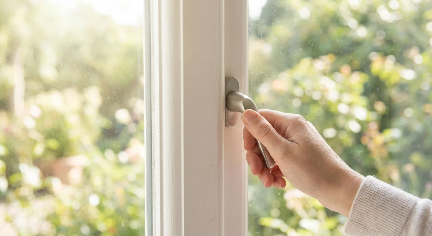 A close-up of a hand locking a white window latch.