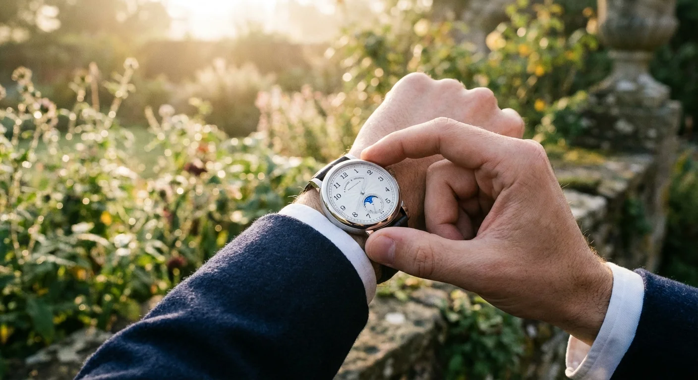 A close-up of a luxury watch on a wrist with a blurred garden background.