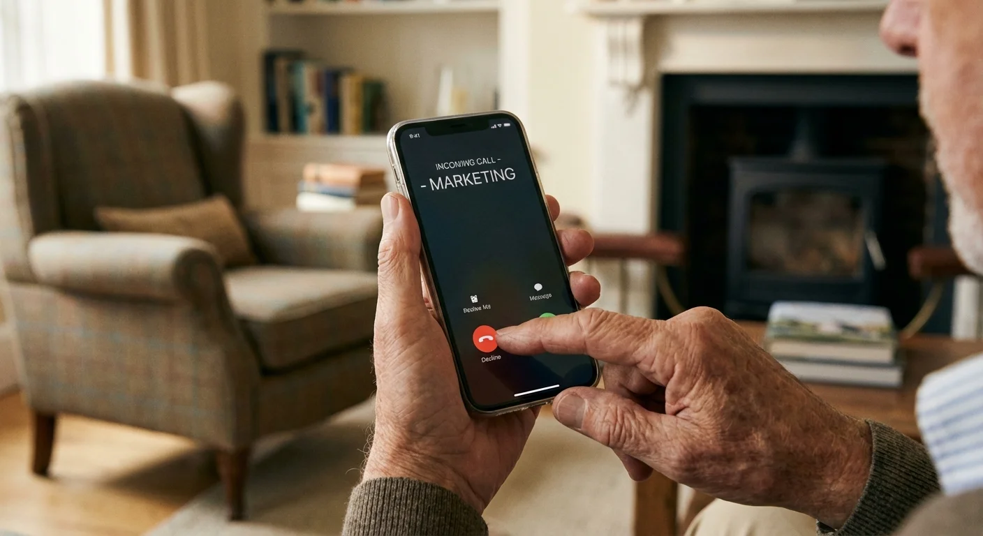 A close-up of a person declining a suspicious phone call on a smartphone.