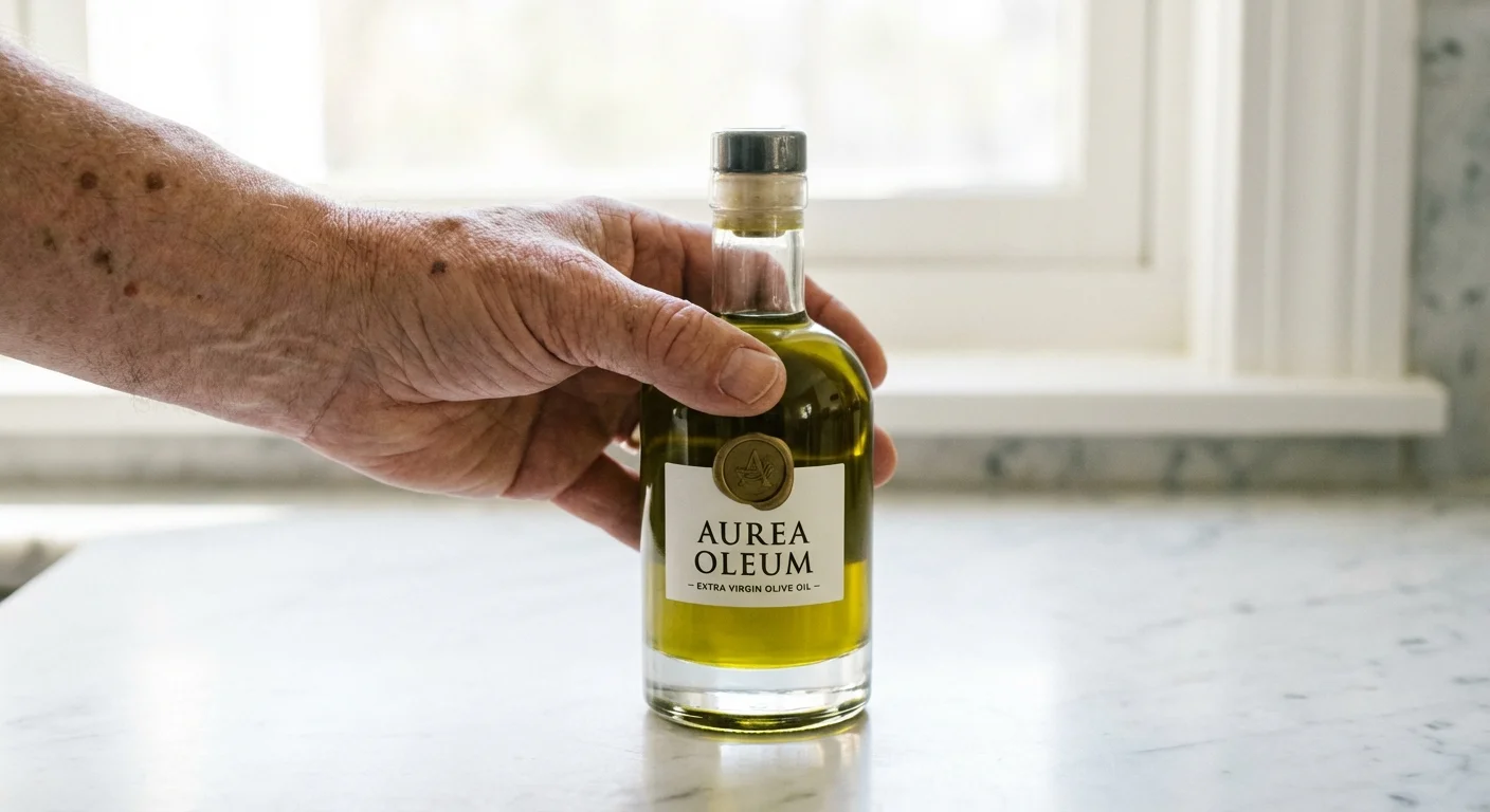 A close-up of a person selecting a high-quality bottle of olive oil in a bright kitchen.