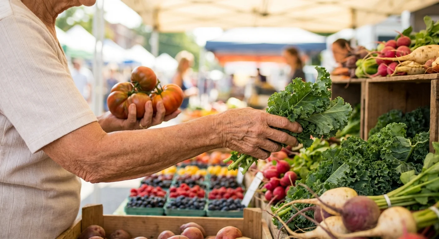 A close-up of a senior choosing fresh vegetables at a vibrant outdoor farmer's market.