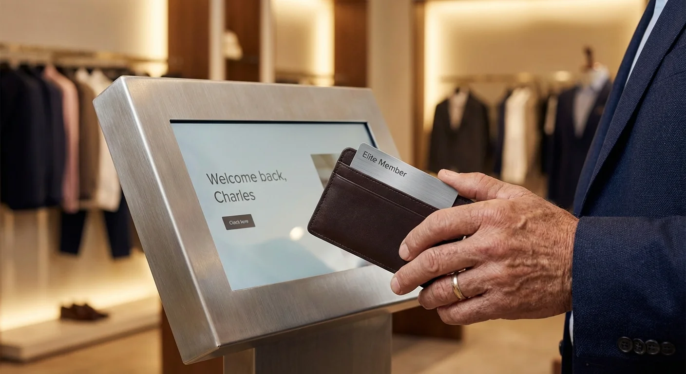 A close-up of a senior person's hand holding a membership card near a modern payment terminal.