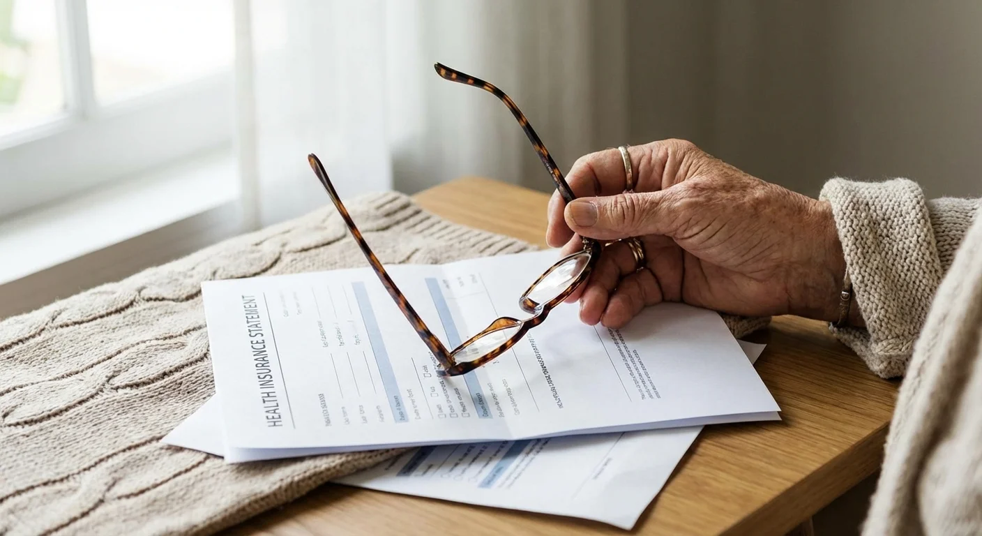 A close-up of a senior person's hand holding glasses over documents.