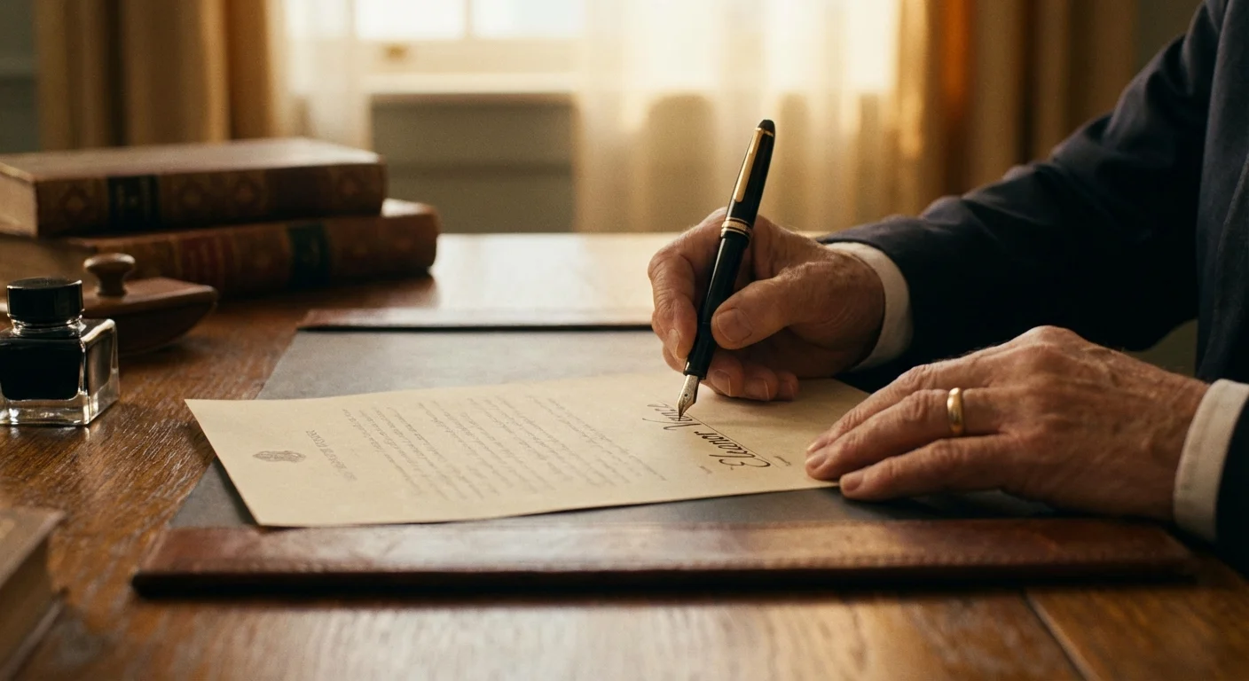 A close-up of hands signing a document on a wooden desk.