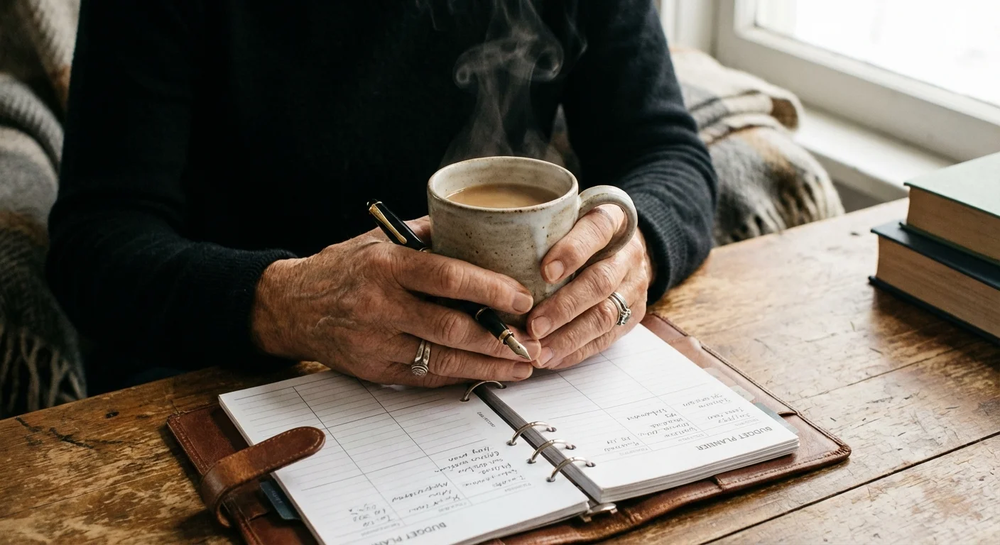 A close-up of hands with coffee and a notebook on a wooden table.