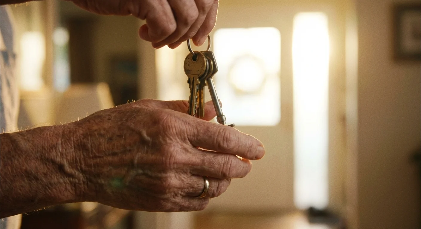 A close-up of house keys being handed to a senior person.