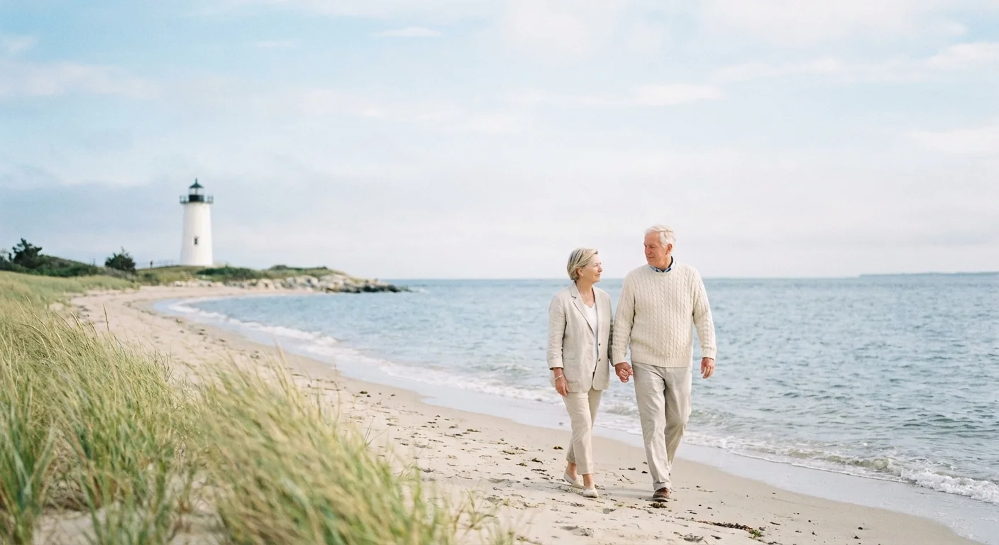 A coastal view of Falmouth with a lighthouse and a couple on the beach.
