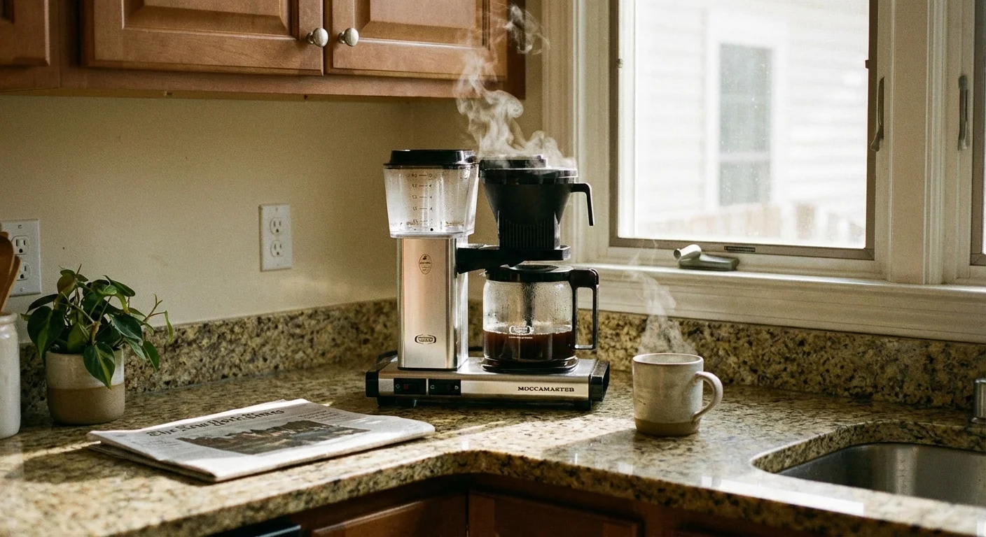 A coffee maker brewing on a kitchen counter in the morning light.