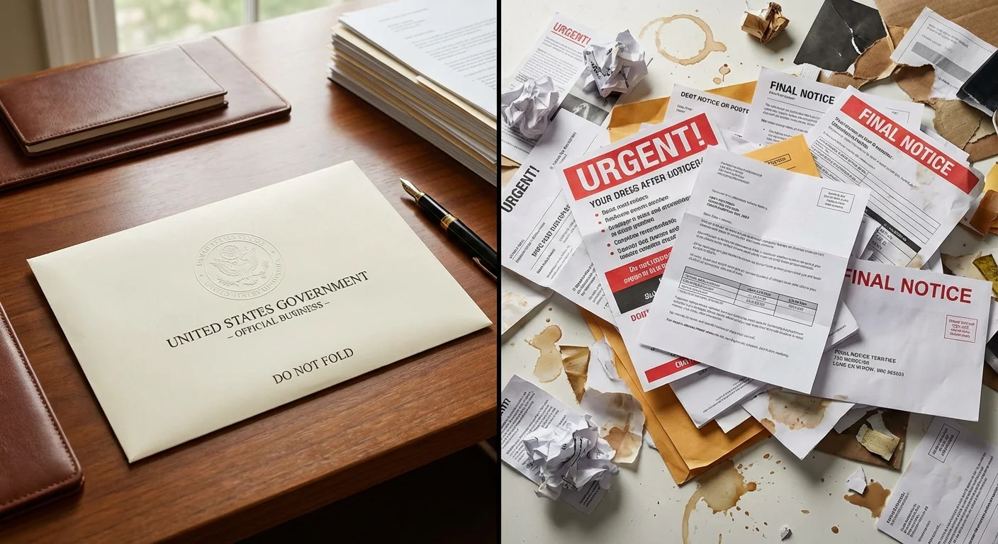 A comparison between an official government envelope and a pile of junk mail.