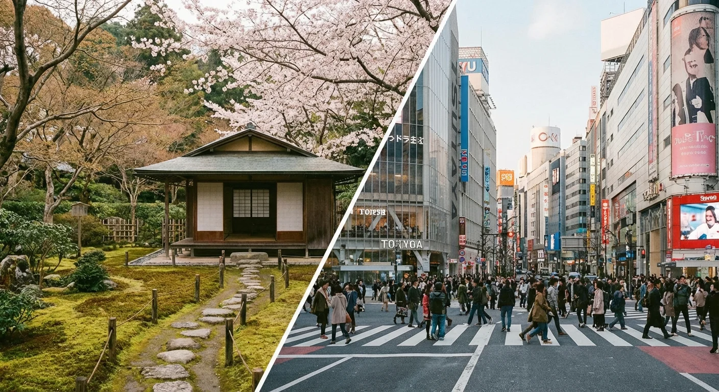 A conceptual image showing a calm garden and a busy city side by side.