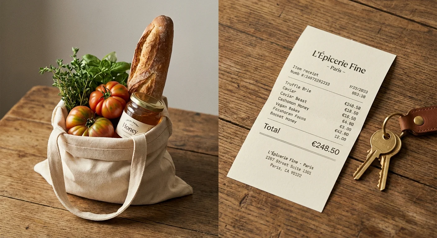 A conceptual shot of groceries and a receipt on a table, representing the cost of living.