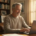 A confident retiree using a laptop in a bright, modern home office.