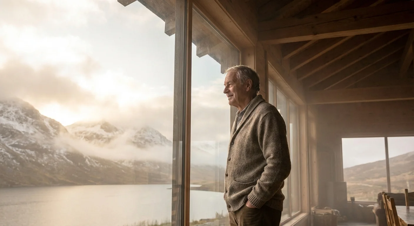 A content senior man looking at a mountain view, symbolizing the reduced need for life insurance.