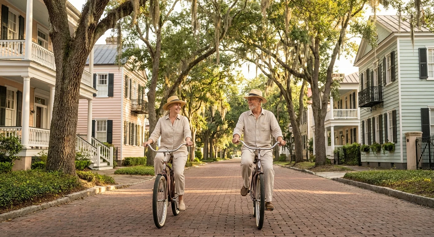 A couple biking through a historic South Carolina neighborhood.