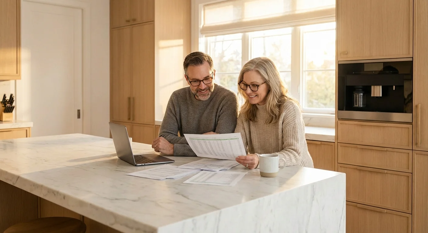 A couple calmly discussing financial documents in a bright kitchen.