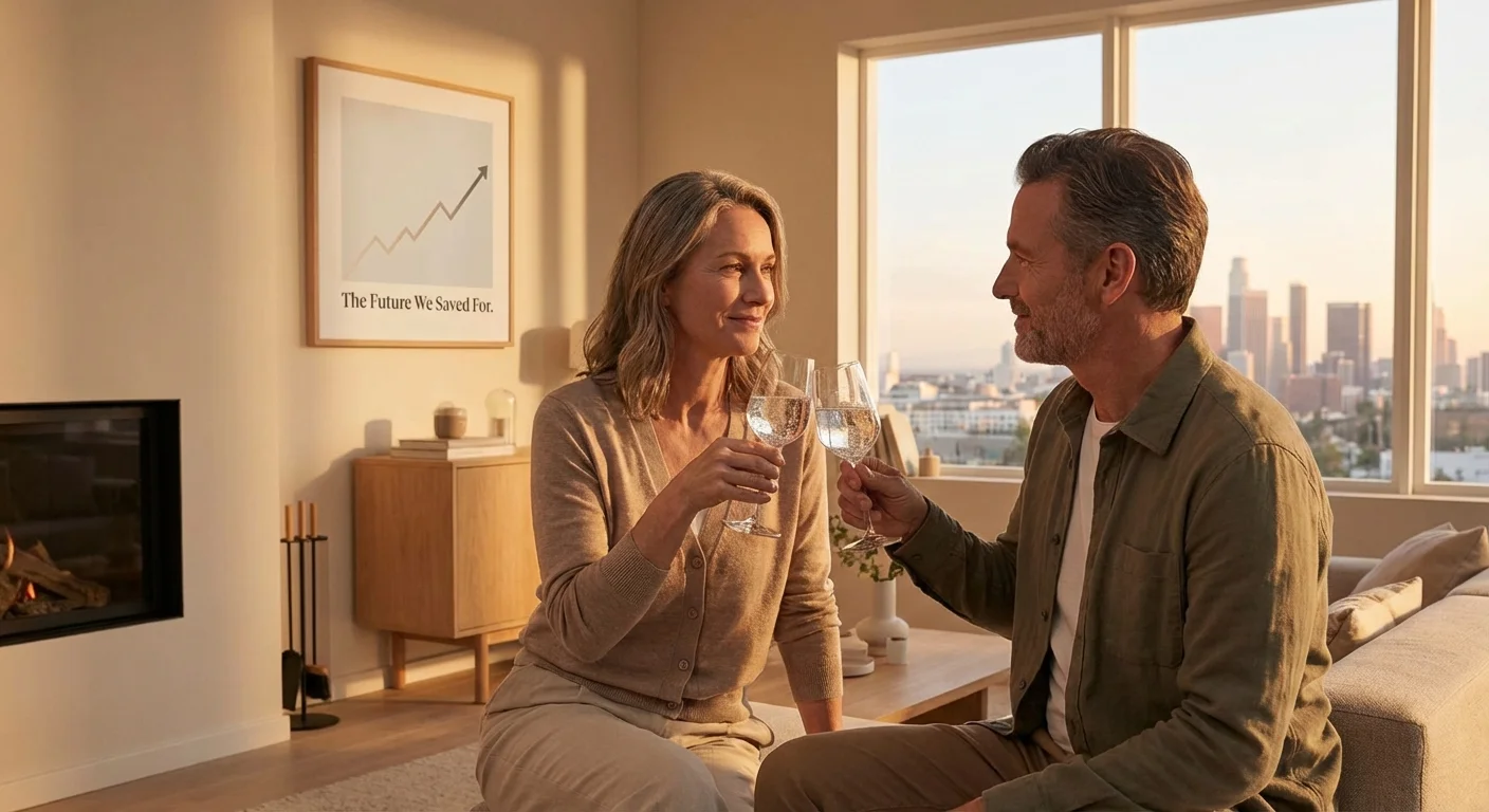 A couple clinking glasses in a beautifully decorated modern living room.