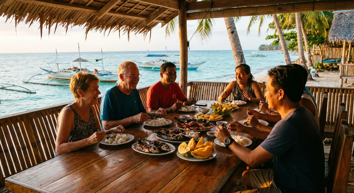 A couple dining with friends on a beach in the Philippines.