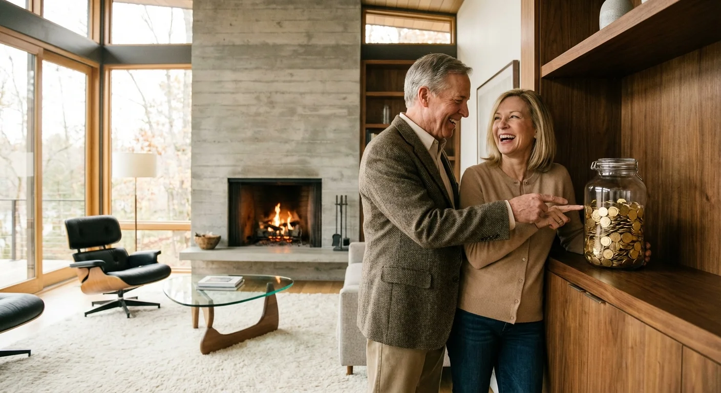 A couple discussing their savings represented by a jar of coins in a modern home.