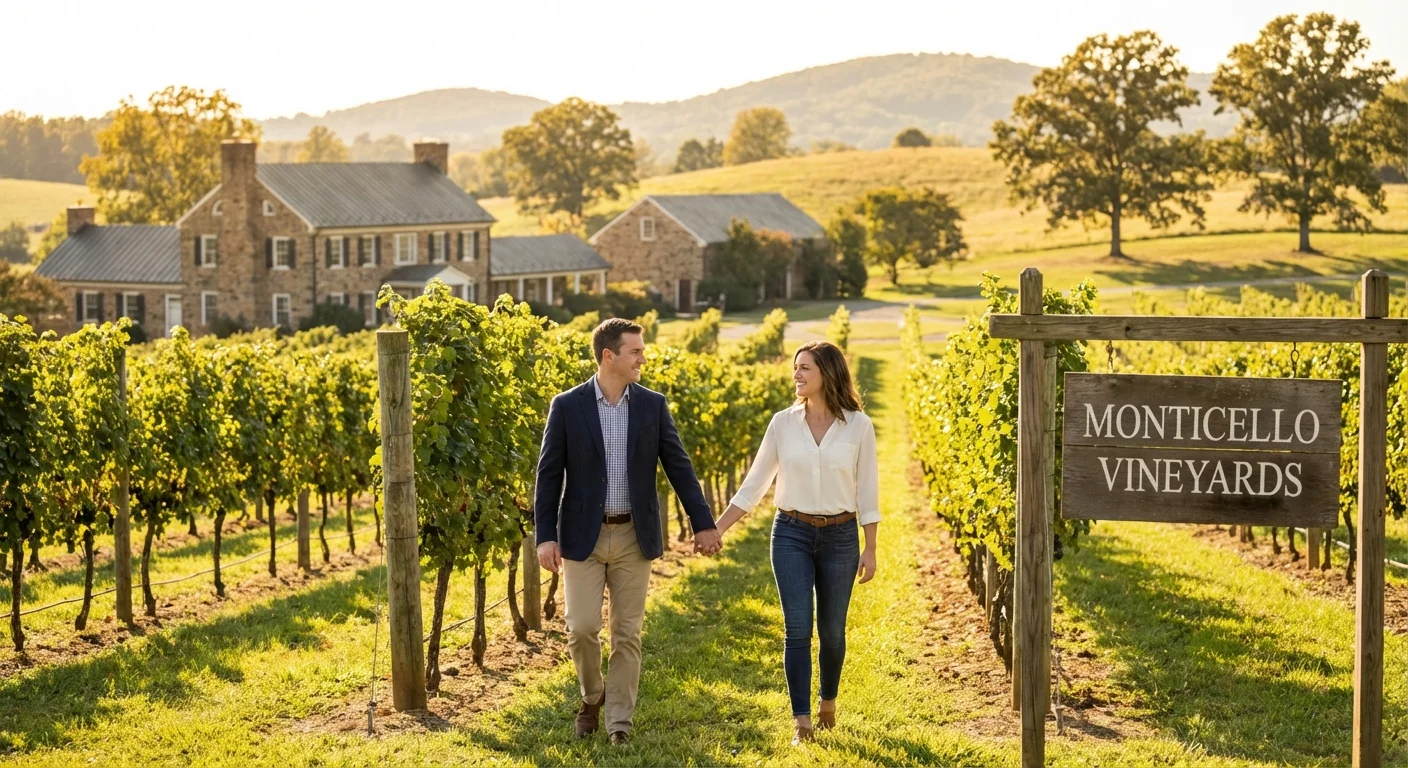 A couple enjoying a wine tasting at a Virginia vineyard.