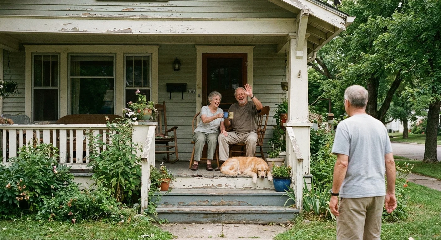 A couple enjoying coffee on their home porch in a friendly neighborhood.