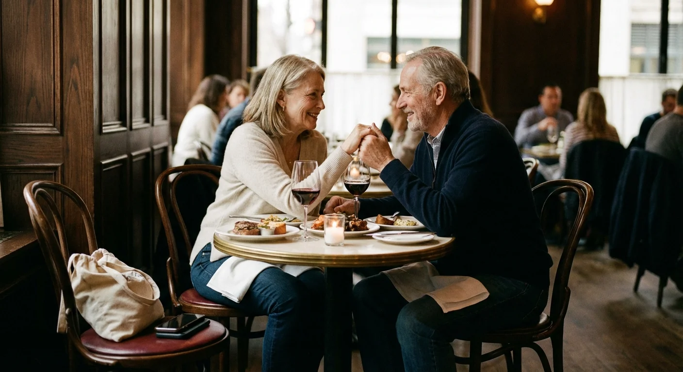 A couple enjoying dinner without using their phones.