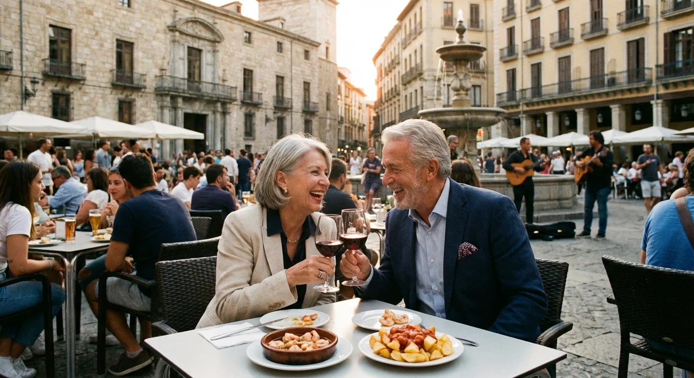 A couple enjoying tapas at an outdoor plaza in Spain.