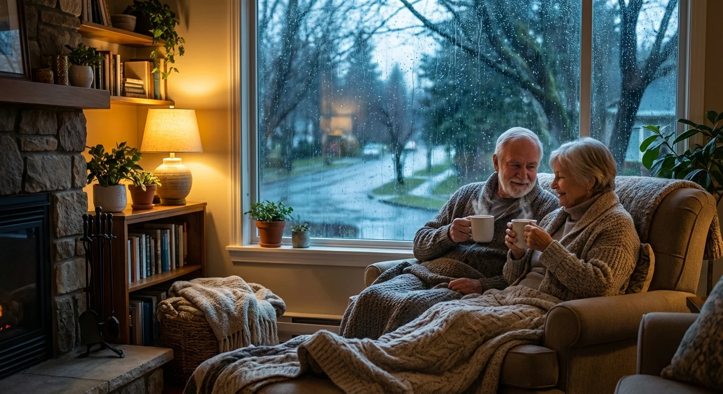 A couple enjoying tea inside a cozy home while it rains outside.