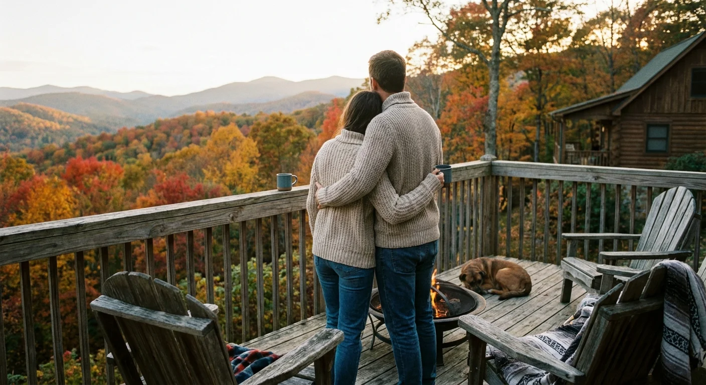 A couple enjoying the mountain views in North Carolina during autumn.